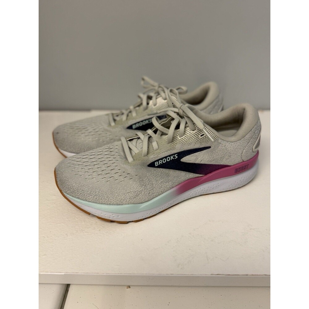 Brooks Ghost 16 Women's Running Shoes - White/Grey/Pink - Gum Sole - US Size 11